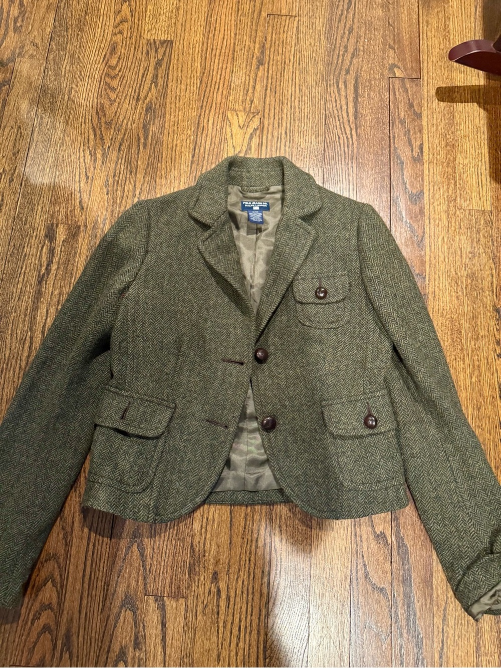 Polo by Ralph Lauren Olive Green Herringbone Tweed Blazer